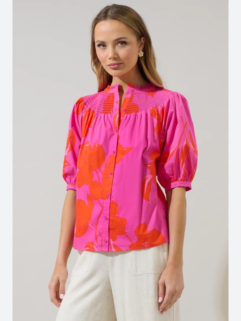 Floral Smocked Neck Pink Orange Button Front Top Sugarlips New 2026 XS Spring